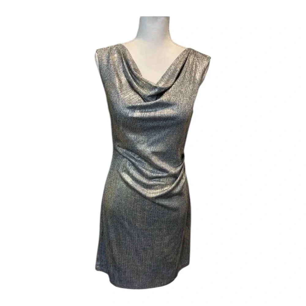 NWT White House Black Market Gray Gold Metallic Drape Neck Shine Dress Size 6 - Picture 1 of 10